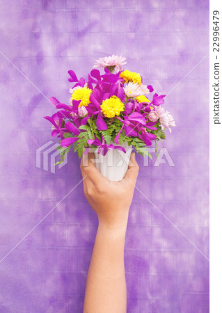 Hand holding bouquet of chrysanthemum flowers Hand holding bouquet of chrysanthemum flowers 22996479