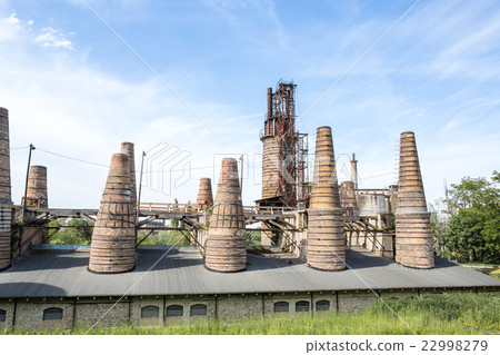 Former factory tiles and bricks tall chimneys 22998279