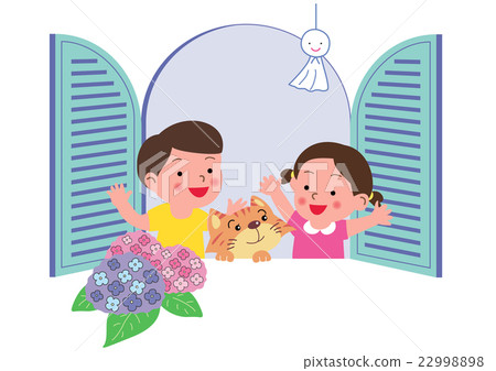 有八仙花屬開花的窗口邊的孩子和有貓的一個伙計 有八仙花屬開花的窗口邊的孩子和有貓的一個伙計 22998898