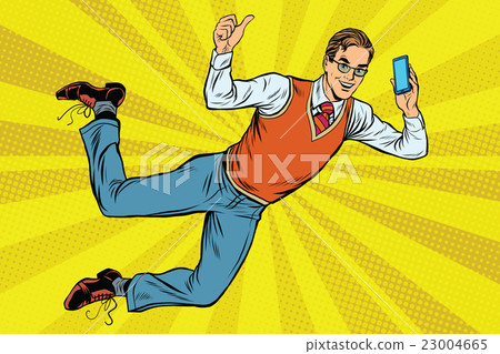 Flying hipster with a smartphone 23004665