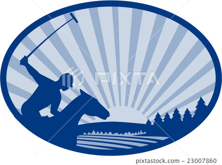 Polo Player Riding Horse Mountain Farm Oval Retro 23007860