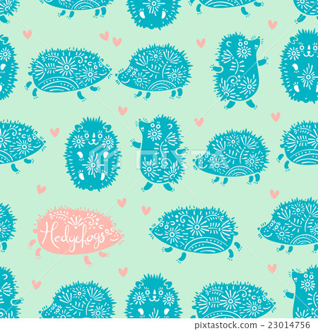 Seamless pattern with decorative hedgehogs. Cute 23014756