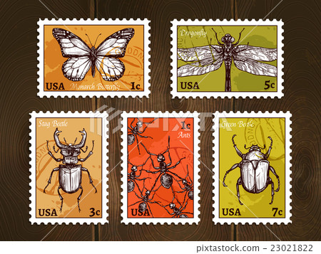 Postage Stamps With Insects Sketch Postage Stamps With Insects Sketch 23021822