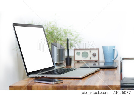 blank screen laptop on wooden desk 23026077