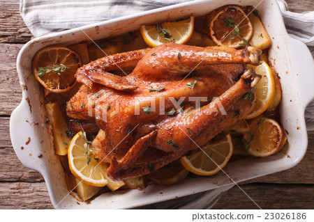 Homemade lemon chicken in a baking dish closeup 23026186