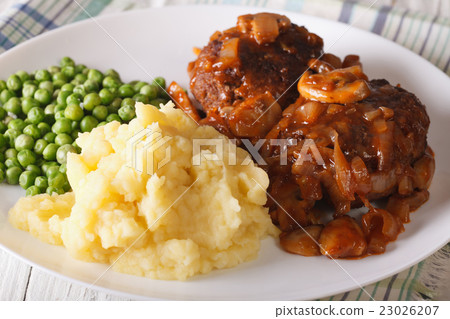 Salisbury steak with gravy, mashed potatoes  Salisbury steak with gravy, mashed potatoes  23026207