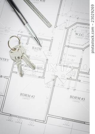 Engineer Pencil, Ruler and Keys On House Plans 23029269
