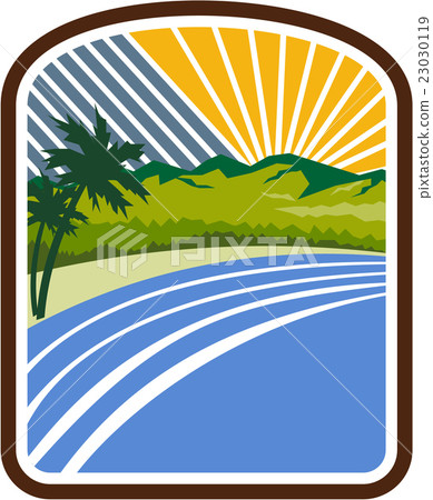 Tropical Trees Mountains Sea Coast Rectangle Retro 23030119
