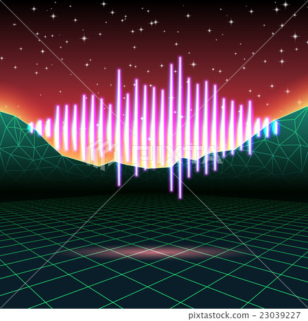 Retro gaming neon background with shiny music wave Retro gaming neon background with shiny music wave 23039227