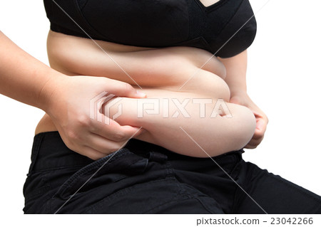 fat woman squeeze belly fat overweight concept 23042266