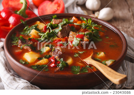 Hungarian goulash soup bograch closeup. horizontal 23043086