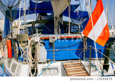 Rigging of the boat. The stern of the yacht Rigging of the boat. The stern of the yacht 23044679