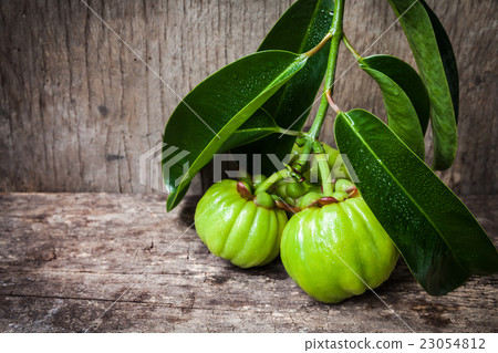 Fresh garcinia cambogia on wooden background. 23054812