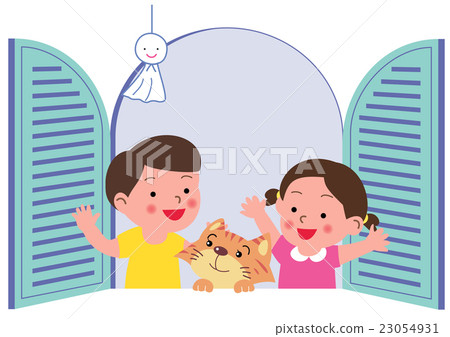 有一個孩子的一個男孩有一隻貓的在窗口邊。 23054931