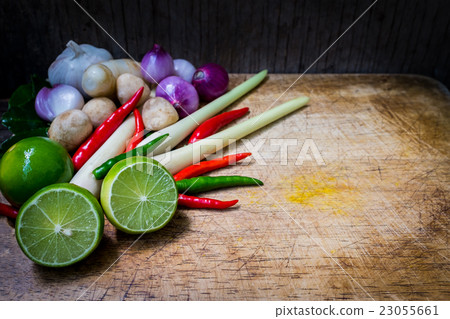 Close up ngredients Thai food (tom yum) on wood 23055661