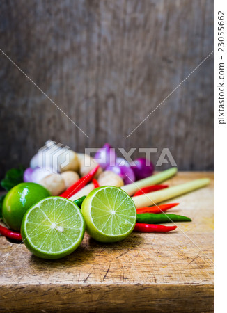 Close up ngredients Thai food (tom yum) on wood 23055662