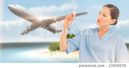 Composite image of serious doctor holding an injection in hospit 23056076