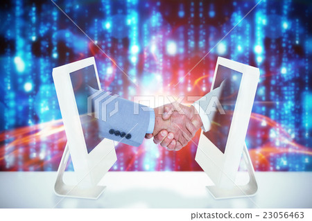 Composite image of side view of shaking hands 23056463