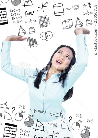 Composite image of worried businesswoman pushing something up 23056719