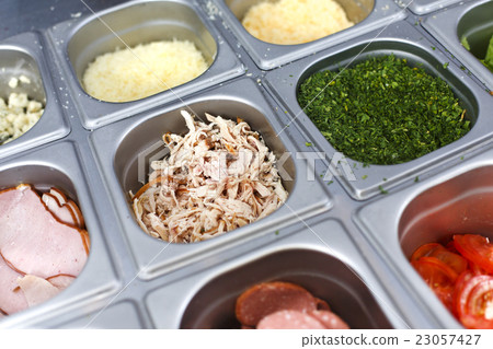 Sandwich bar salads choice in metal containers 23057427