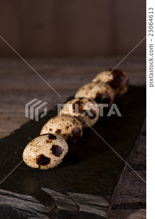 Several quail eggs in a row on black stone 23064613
