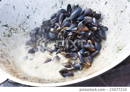 Plenty of seafood, mussels on grill pan Plenty of seafood, mussels on grill pan 23077210
