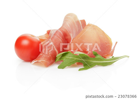 slice of italian prosciutto with arugula leaf 23078366