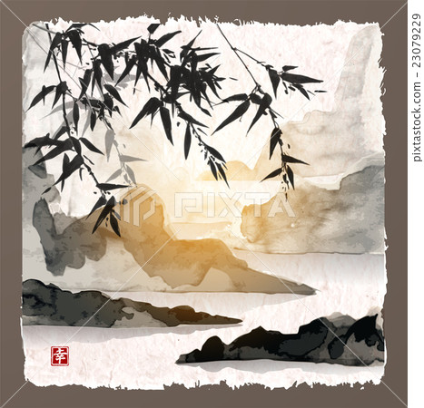 Bamboo trees, sun and mountains Bamboo trees, sun and mountains 23079229