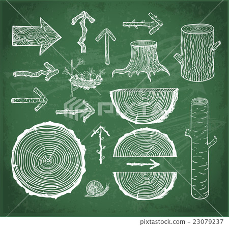 Skethces of wood cuts, logs, stump and arrows  23079237