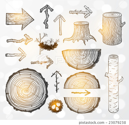 Skethces of wood cuts, logs, stump and arrows Skethces of wood cuts, logs, stump and arrows 23079238