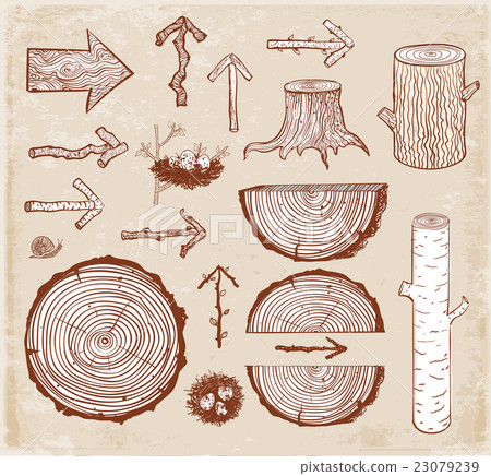 Skethces of wood cuts, logs, stump and arrows Skethces of wood cuts, logs, stump and arrows 23079239