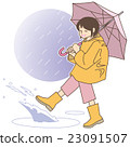 使用與踢池的小學女孩。 （雨衣+水池+水濺+雨天背景） 23091507