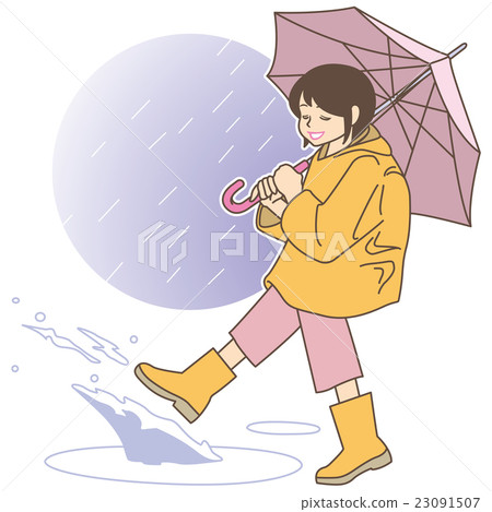 使用與踢池的小學女孩。 (雨衣+水池+水濺+雨天背景) 使用與踢池的小學女孩。 (雨衣+水池+水濺+雨天背景) 23091507