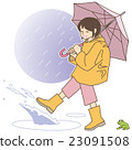 使用與踢池的小學女孩。 （雨衣+水坑+水花+雨水+雨蛙背景） 23091508