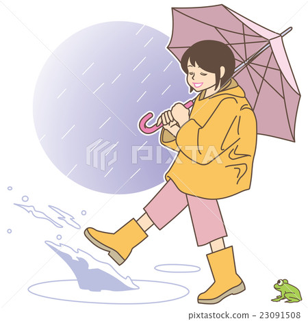 Elementary school girl playing with kicking the pool. (Raincoat + Puddle + Water splash + background of rain + rain frog) Elementary school girl playing with kicking the pool. (Raincoat + Puddle + Water splash + background of rain + rain frog) 23091508