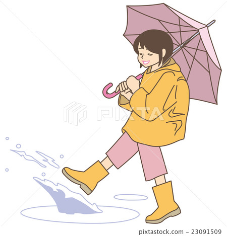 使用與踢池的小學女孩。 （雨衣+水坑+水濺） 23091509