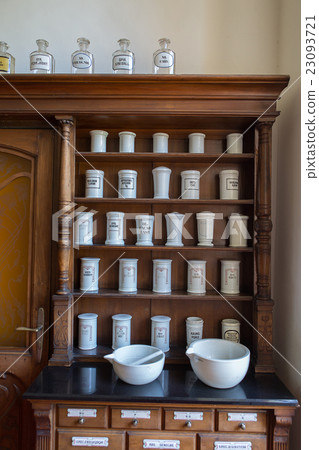 Empty bottles in old vintage pharmacy 23093721