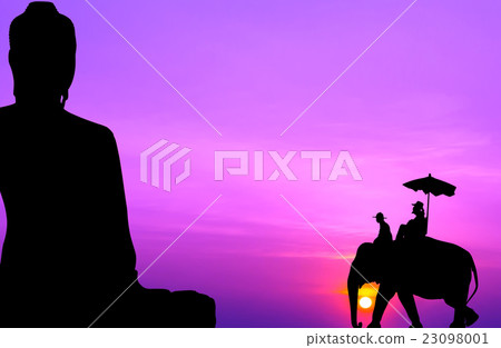 silhouette elephant with tourist and big buddha silhouette elephant with tourist and big buddha 23098001