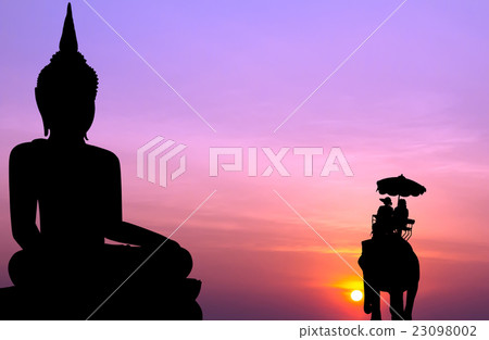 silhouette elephant with tourist and big buddha  23098002