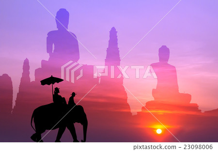 silhouette elephant with tourist and big buddha  23098006