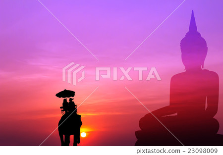 silhouette elephant with tourist and big buddha 23098009