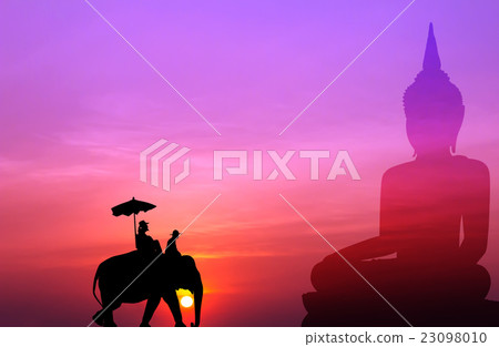 silhouette elephant with tourist and big buddha 23098010