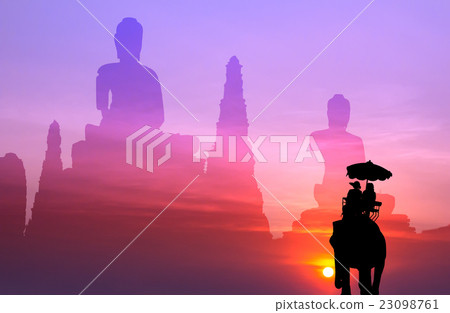 silhouette elephant with tourist with big buddha silhouette elephant with tourist with big buddha 23098761