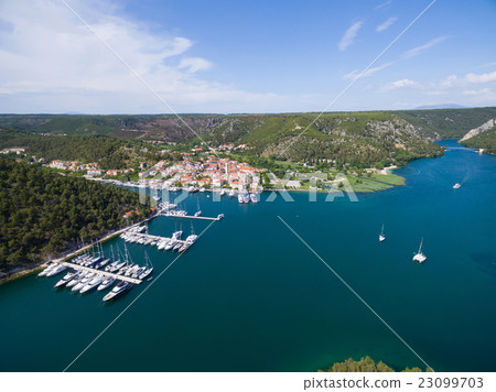Aerial view of old town Skradin at the Krka river 23099703