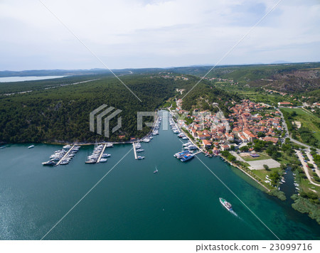 Aerial view of old town Skradin at the Krka river 23099716