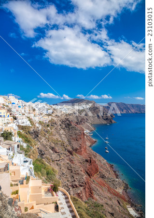 Oia village with sailboats on Santorini in Greece Oia village with sailboats on Santorini in Greece 23103015