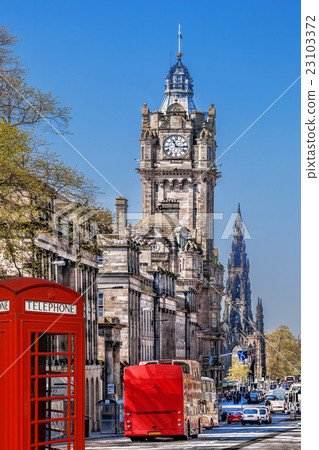 Edinburgh with red phone booths in Scotland, UK 23103372