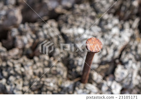 Rusted iron spike on wood macro close up detail 23105171