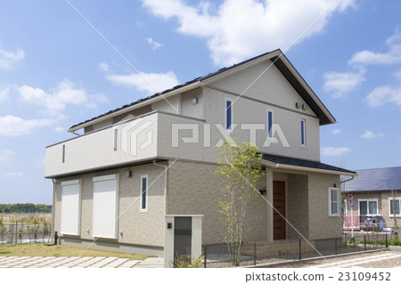 Residential detached house Newly Built Exterior Sunny blue sky planting garden 23109452