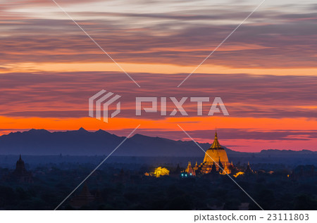Ancient Pagoda illuminated at dawn, Bagan Ancient Pagoda illuminated at dawn, Bagan 23111803